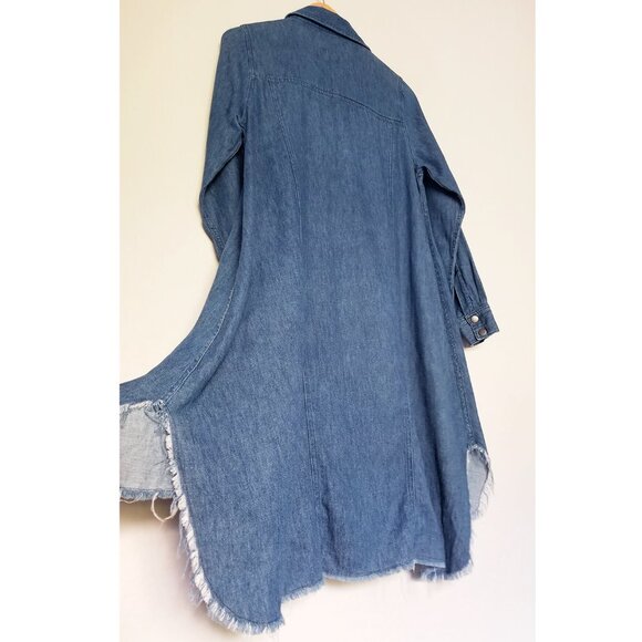 Ruti Chambray Denim Shirt Dress Hemp Organic Cotton Snap Button Frayed Hem Blue - Picture 12 of 16